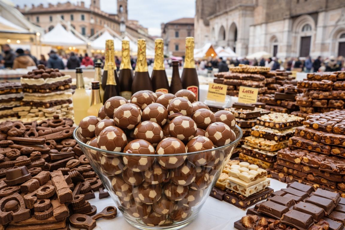 Cioccoshow chocolate festival in Bologna captured on a Bologna Italy Food Tours excursion, showing a table of artisanal chocolates, pralines, and traditional Italian sweets with historic Bologna buildings in the background.