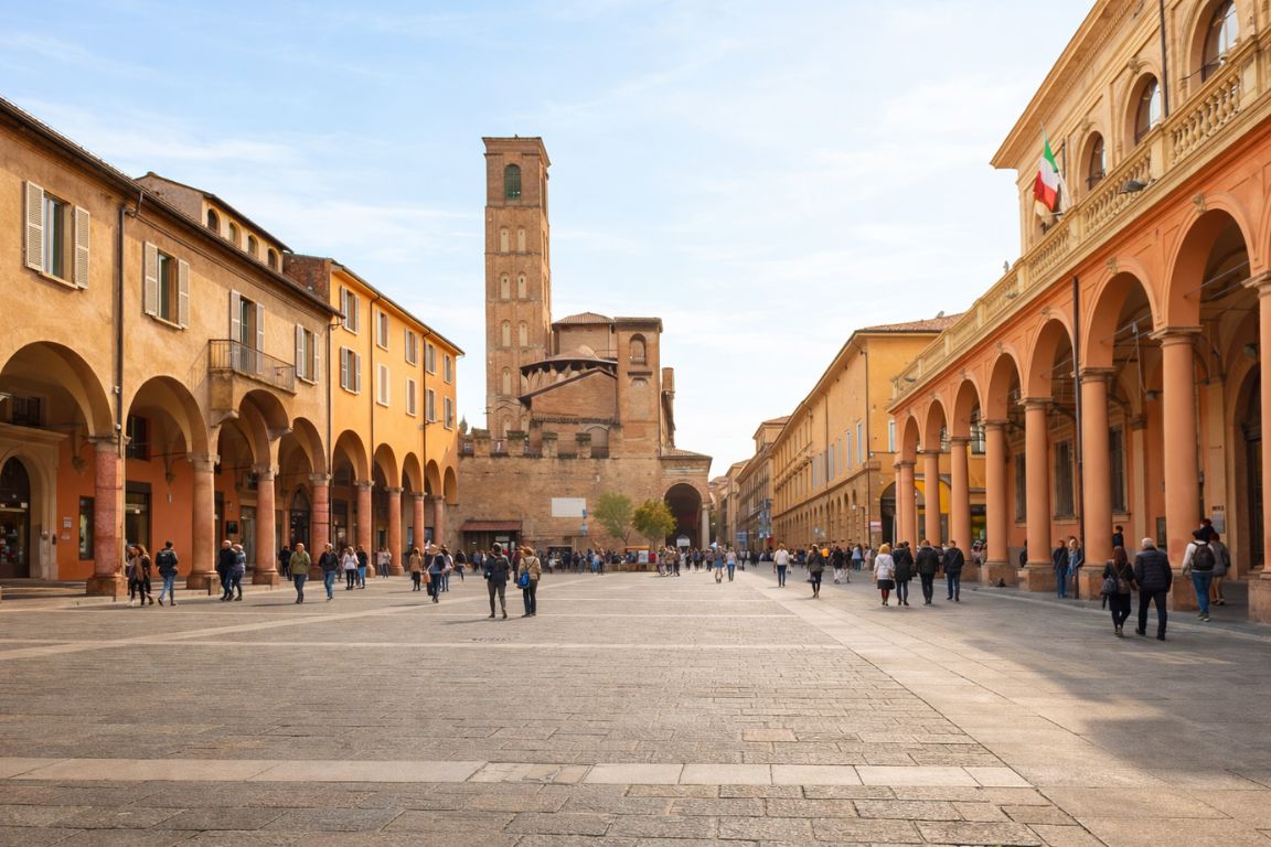 Piazza Santo Stefano square in Bologna on a bright day, featuring traditional porticoes and local atmosphere.
