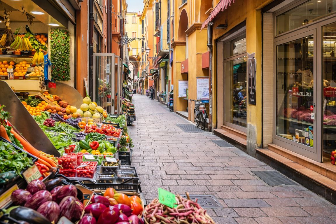 Authentic Quadrilatero Market alley in Bologna featuring fresh Italian produce, taken during a Bologna Italy Food Tours walking tour.