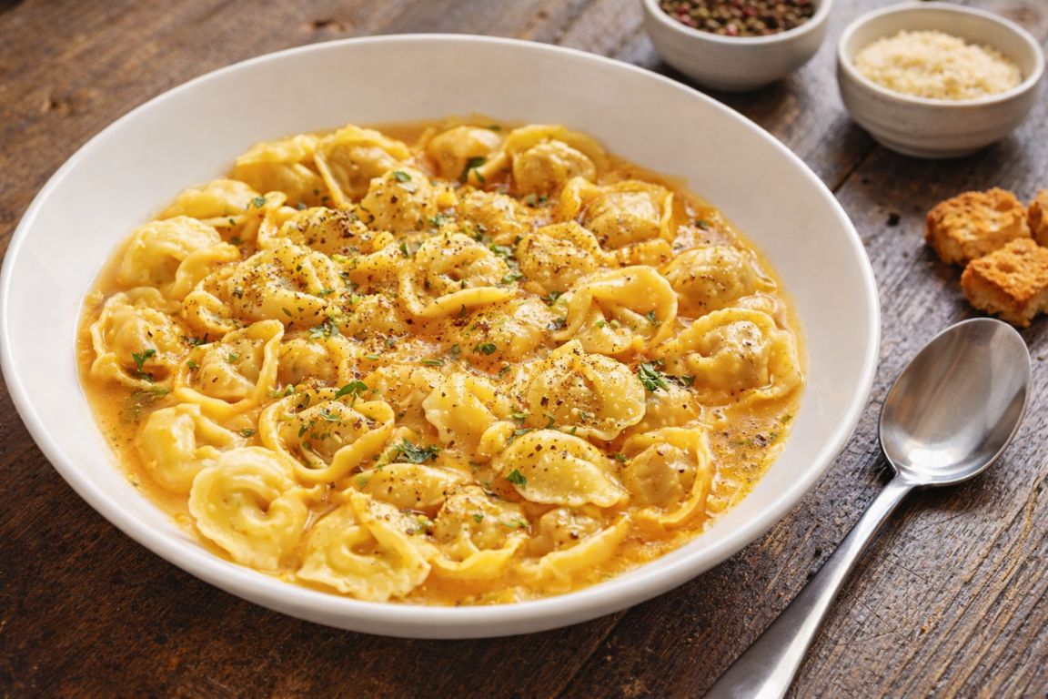 Iconic Bologna dish tortellini in brodo served at a local trattoria during a Bologna Italy Food Tours experience.